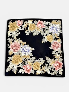 Anne Klein Silk Square Scarf Black with Floral Chrysanthemums Print Korea